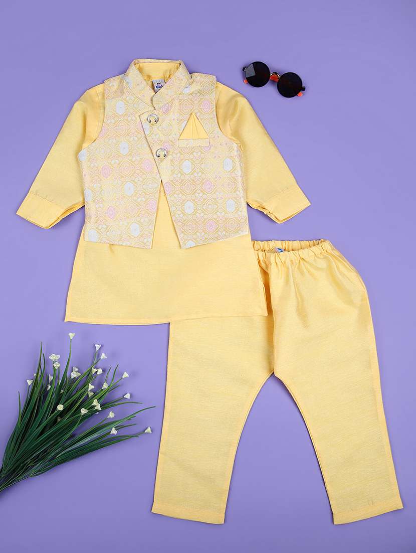 boys yellow self design kurta sets