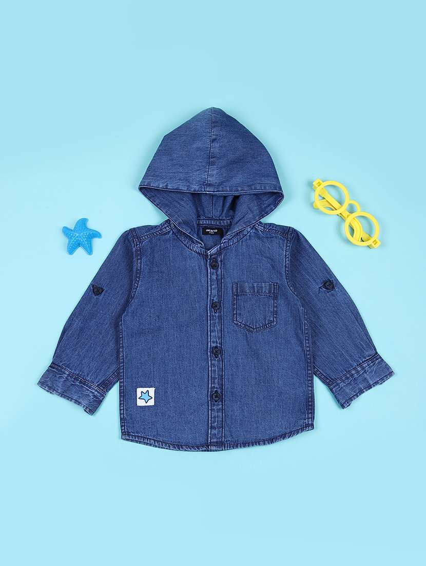 boys solid denim hooded shirt