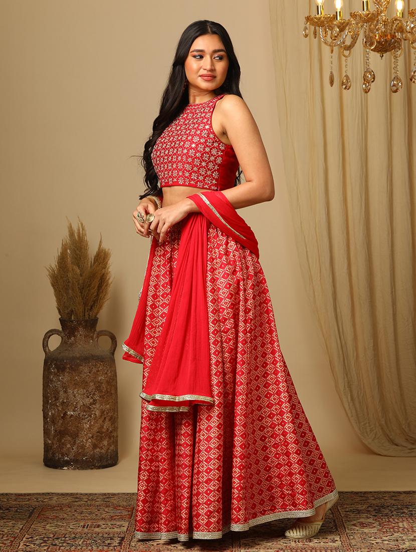 women's pink halter neck floral embroidery blouse & bandhani print lehenga with dupatta festive co-ords set - 21504016 - Zoom Image - 0