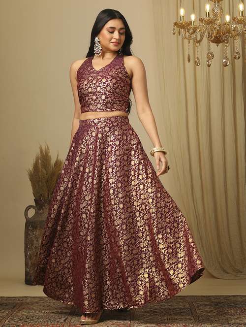 women's burgundy brocade floral jaal print halter neck stylised back blouse & flared lehenga festive co-ords set - 21504019 -  Standard Image - 0