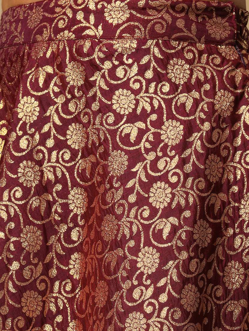 women's burgundy brocade floral jaal print halter neck stylised back blouse & flared lehenga festive co-ords set - 21504019 -  Standard Image - 5