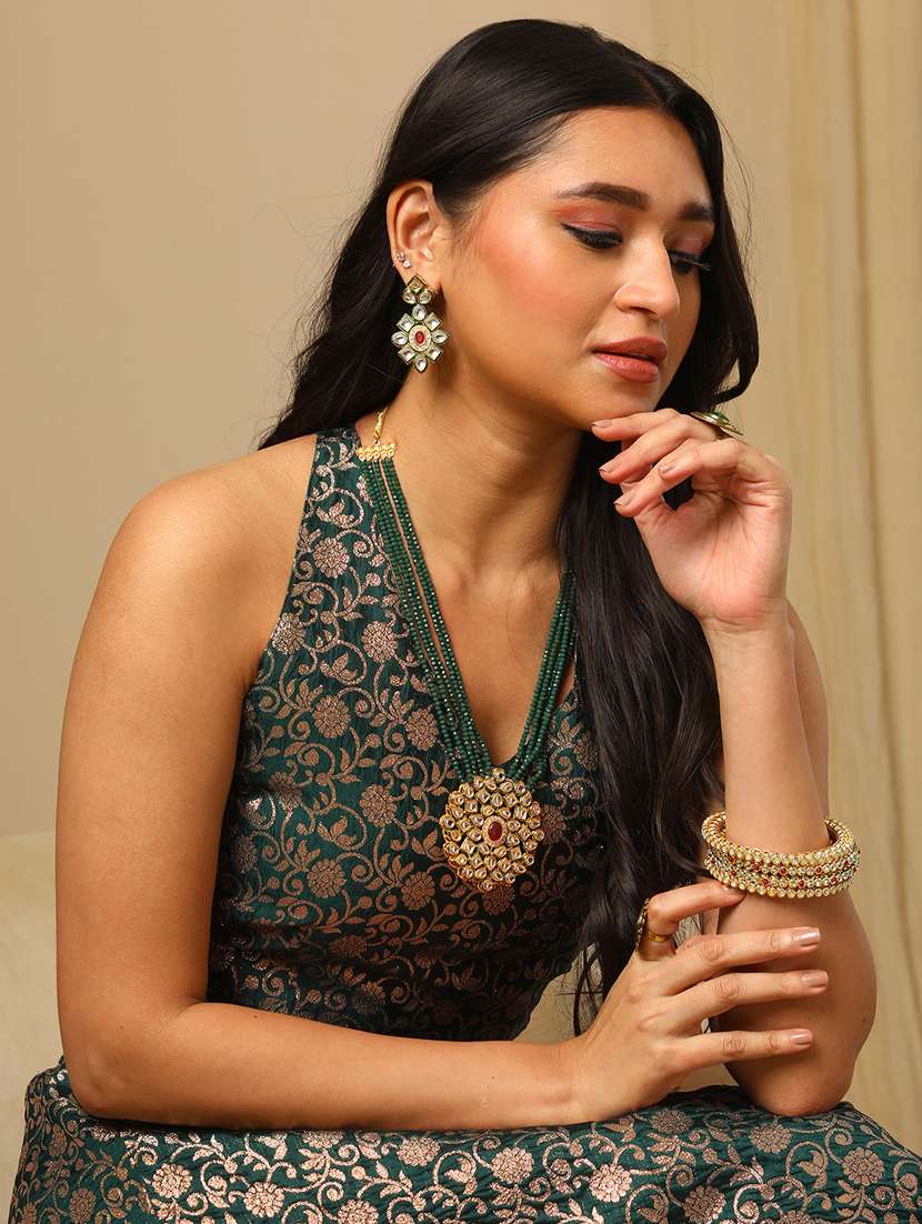 women's green brocade floral jaal print halter neck stylised back blouse & flared lehenga festive co-ords set - 21504020 -  Standard Image - 3