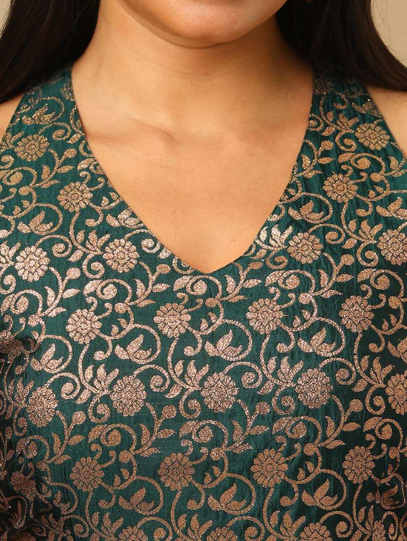 women's green brocade floral jaal print halter neck stylised back blouse & flared lehenga festive co-ords set - 21504020 -  Standard Image - 5