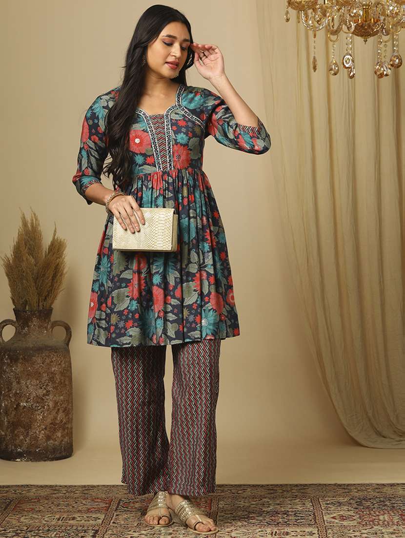 women's blue allover floral printed peplum tunic & partially elasticated chevron print trouser co-ords set - 21504021 -  Zoom Image - 0