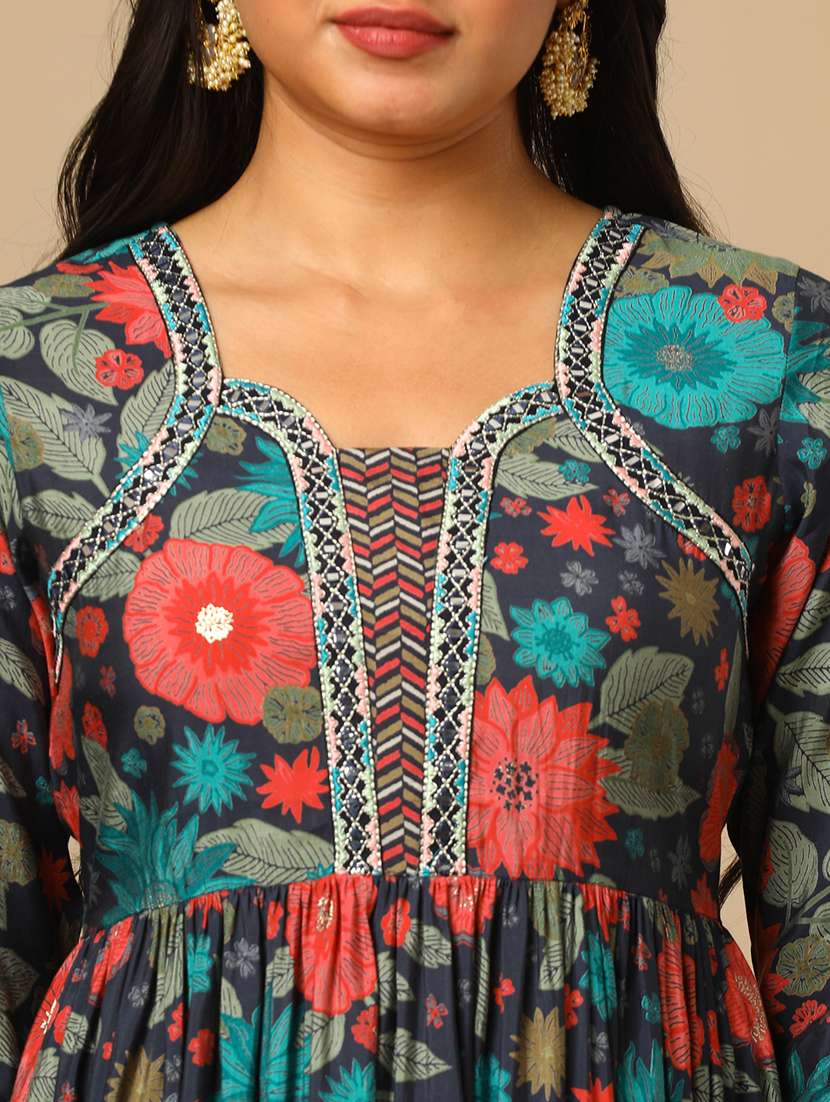 women's blue allover floral printed peplum tunic & partially elasticated chevron print trouser co-ords set - 21504021 - Standard Image - 5