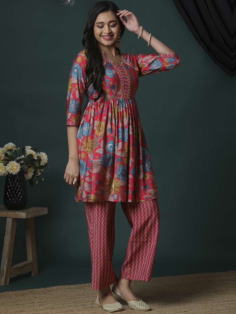 women's pink allover floral printed peplum tunic & partially elasticated chevron print trouser co-ords set