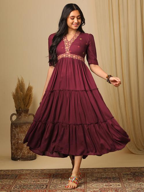 women's burgundy embroidered v-neck puff sleeves boho tiered fusion fit & flare maxi dress - 21504024 -  Standard Image - 0