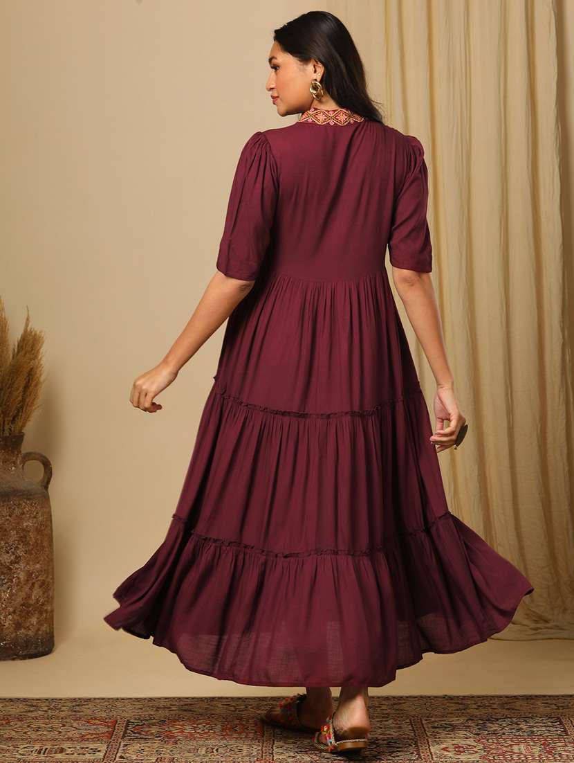Women's Burgundy Embroidered V Neck Puff Sleeves Boho Tiered Fusion Fit & Flare Maxi Dress