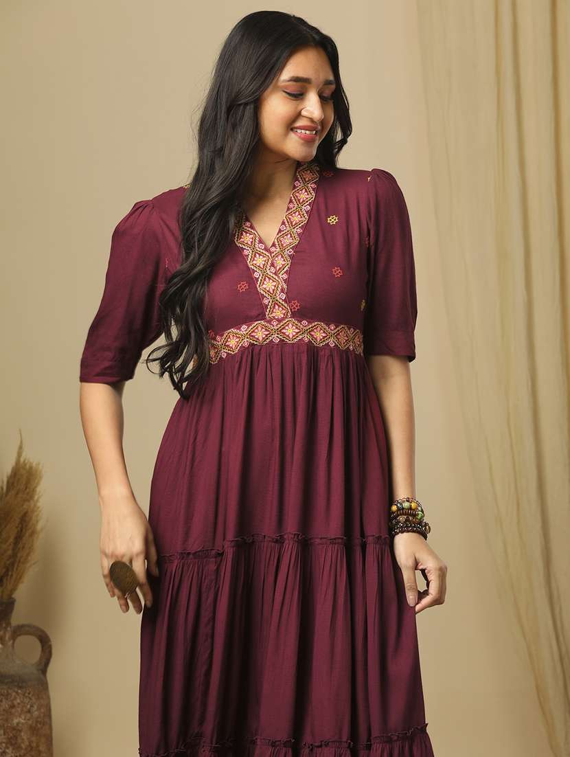 Women's Burgundy Embroidered V Neck Puff Sleeves Boho Tiered Fusion Fit & Flare Maxi Dress