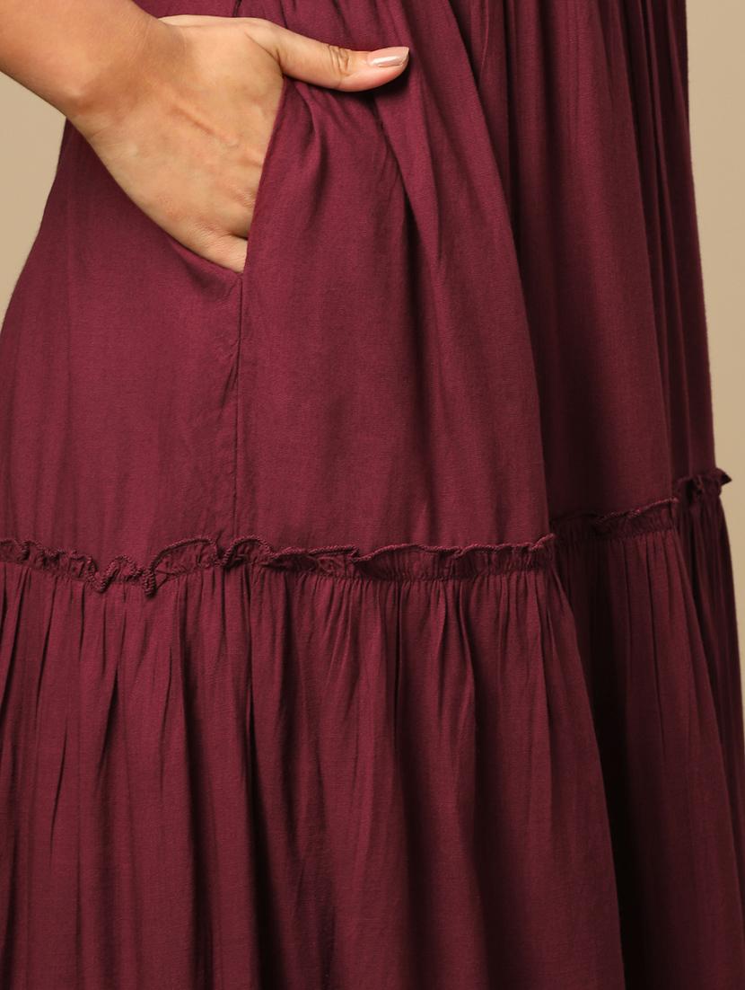 women's burgundy embroidered v-neck puff sleeves boho tiered fusion fit & flare maxi dress - 21504024 - Standard Image - 5