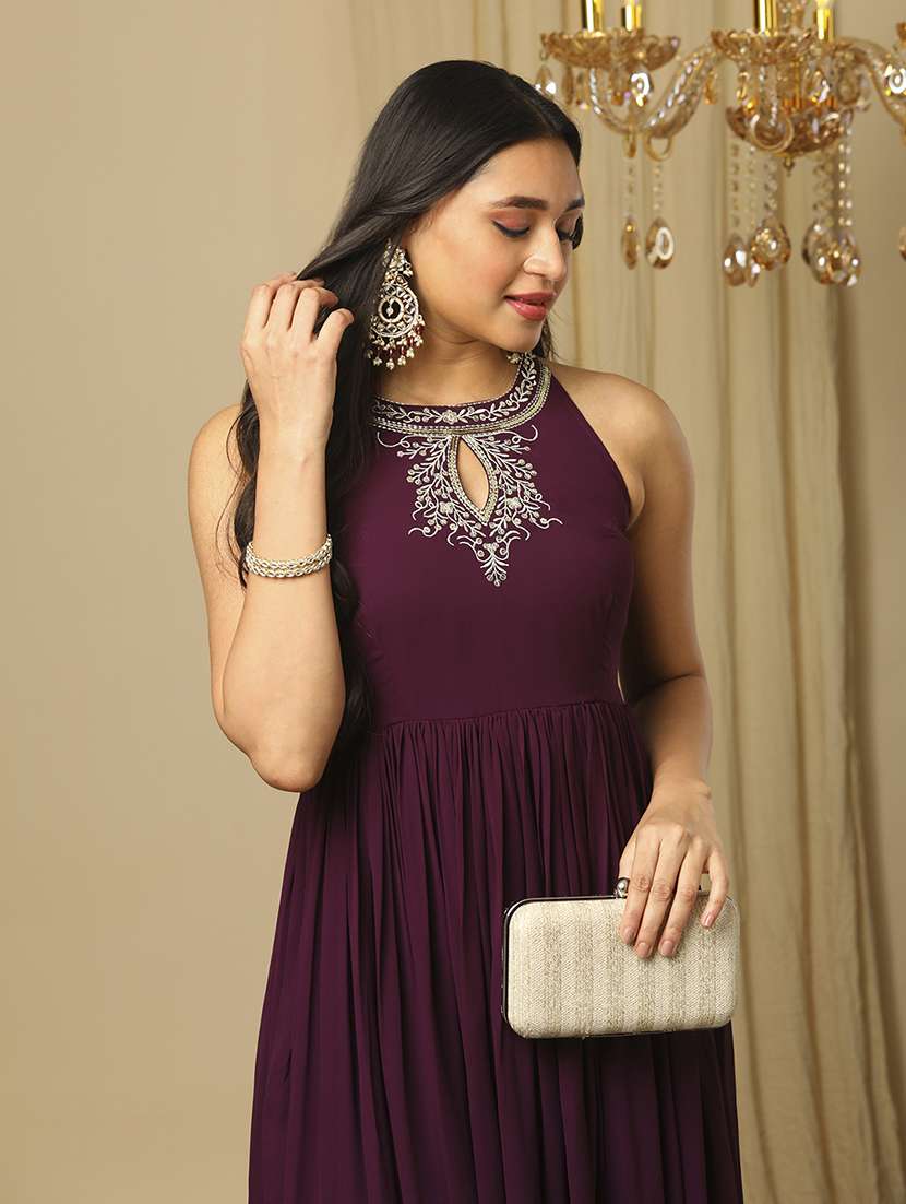women's purple zari embroidered & sequinned keyhole halter neck fit & flare fusion maxi dress - 21504026 -  Standard Image - 3