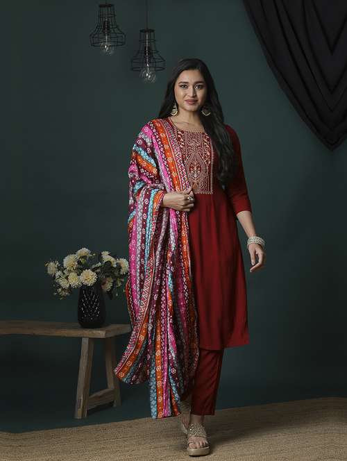 women's maroon embroidered yoke a-line kurta pants & multicolor bandhani print dupatta festive set - 21504032 -  Standard Image - 0