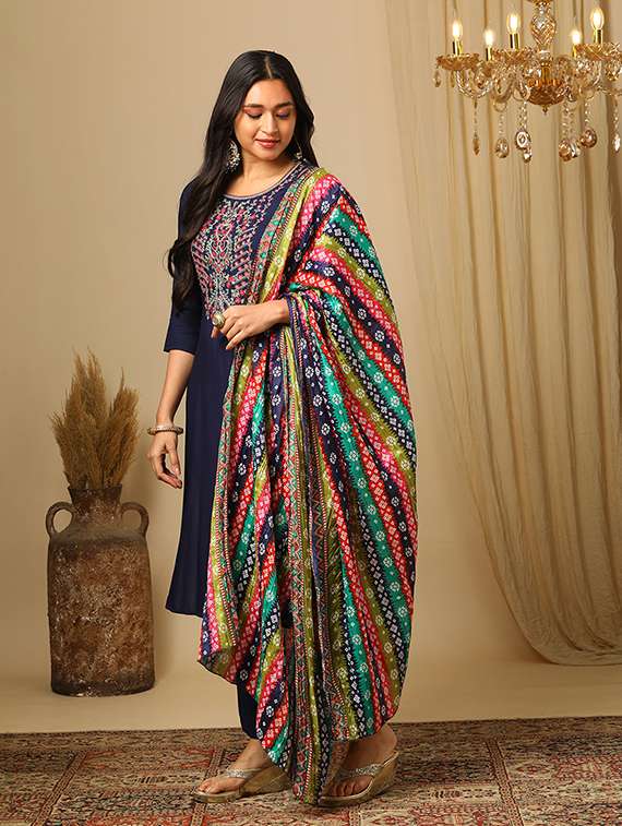 women's blue embroidered yoke a-line kurta pants & multicolor bandhani print dupatta festive set - 21504033 - Zoom Image - 0