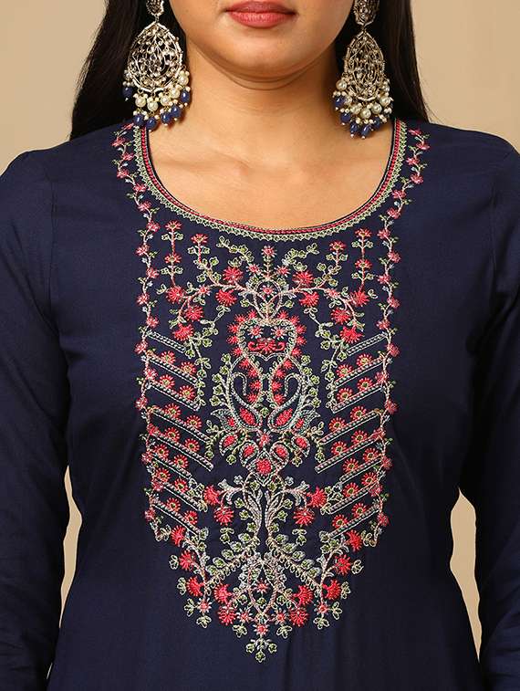 women's blue embroidered yoke a-line kurta pants & multicolor bandhani print dupatta festive set - 21504033 - Standard Image - 3