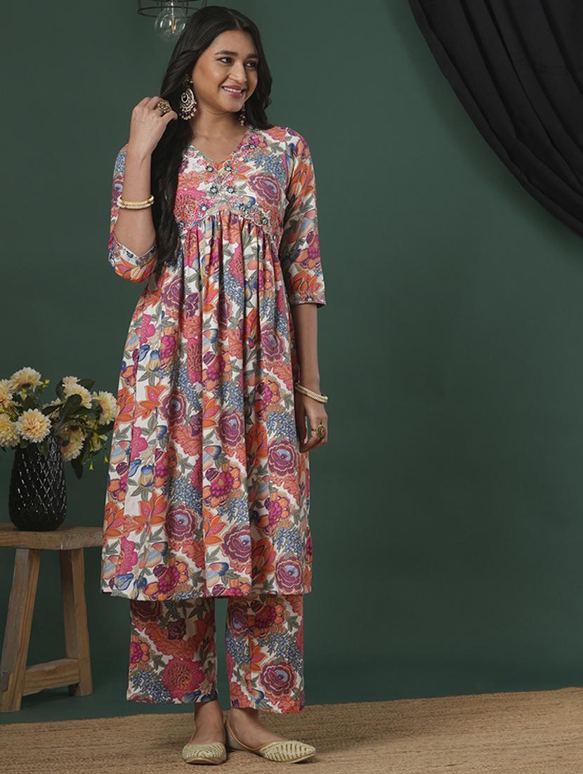 women's coral v-neck embroidered detail floral printed high slit a-line aliya cut kurta & pants fusion set - 21504035 - Zoom Image - 0