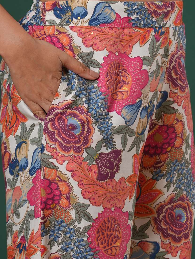 women's coral v-neck embroidered detail floral printed high slit a-line aliya cut kurta & pants fusion set - 21504035 - Standard Image - 5