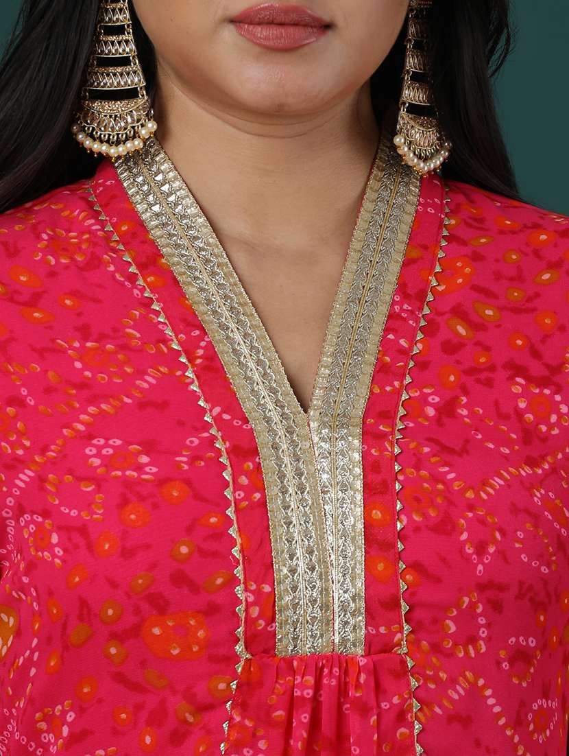 women's pink v-neck gotta lace bandhani print panelled a-line kurta & flared palazzos festive set - 21504037 -  Standard Image - 5