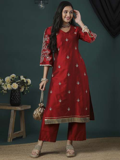 women's maroon v-neck zari embroidered fringe lace detailing bell sleeves straight kurta & elasticated pants festive set - 21504038 - Standard Image - 0