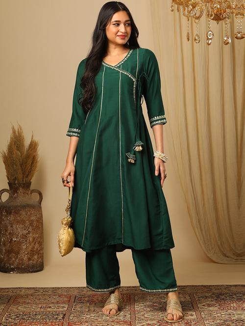 women's green embroidered v-neck gold lace detail panelled angrakha a-line kurta & elasticated pants festive set - 21504043 - Standard Image - 0