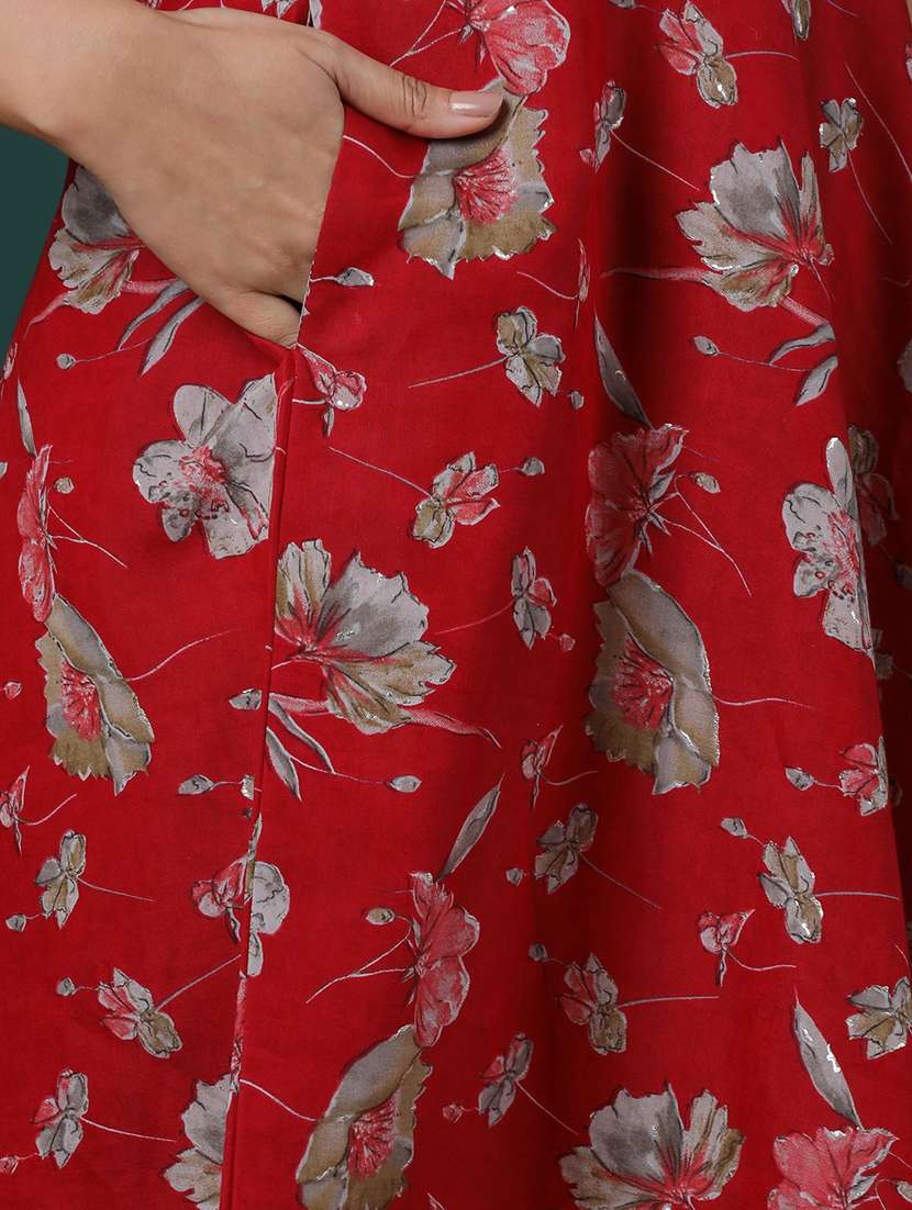 women's red one shoulder gotta lace detail silver highlight floral print asymmetric hem a-line kurta & pants fusion set - 21504046 - Standard Image - 5