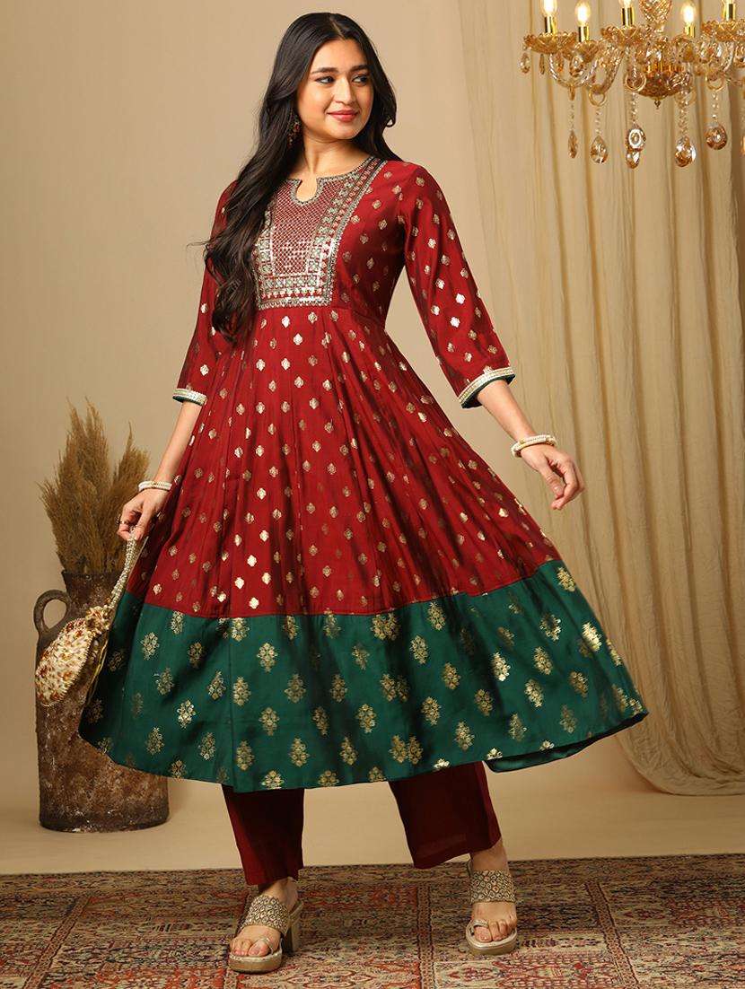women's maroon sequin embroidered yoke gold foil print panelled anarkali kurta & elasticated pants festive set