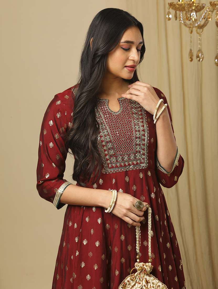 women's maroon sequin embroidered yoke gold foil print panelled anarkali kurta & elasticated pants festive set - 21504047 - Standard Image - 3