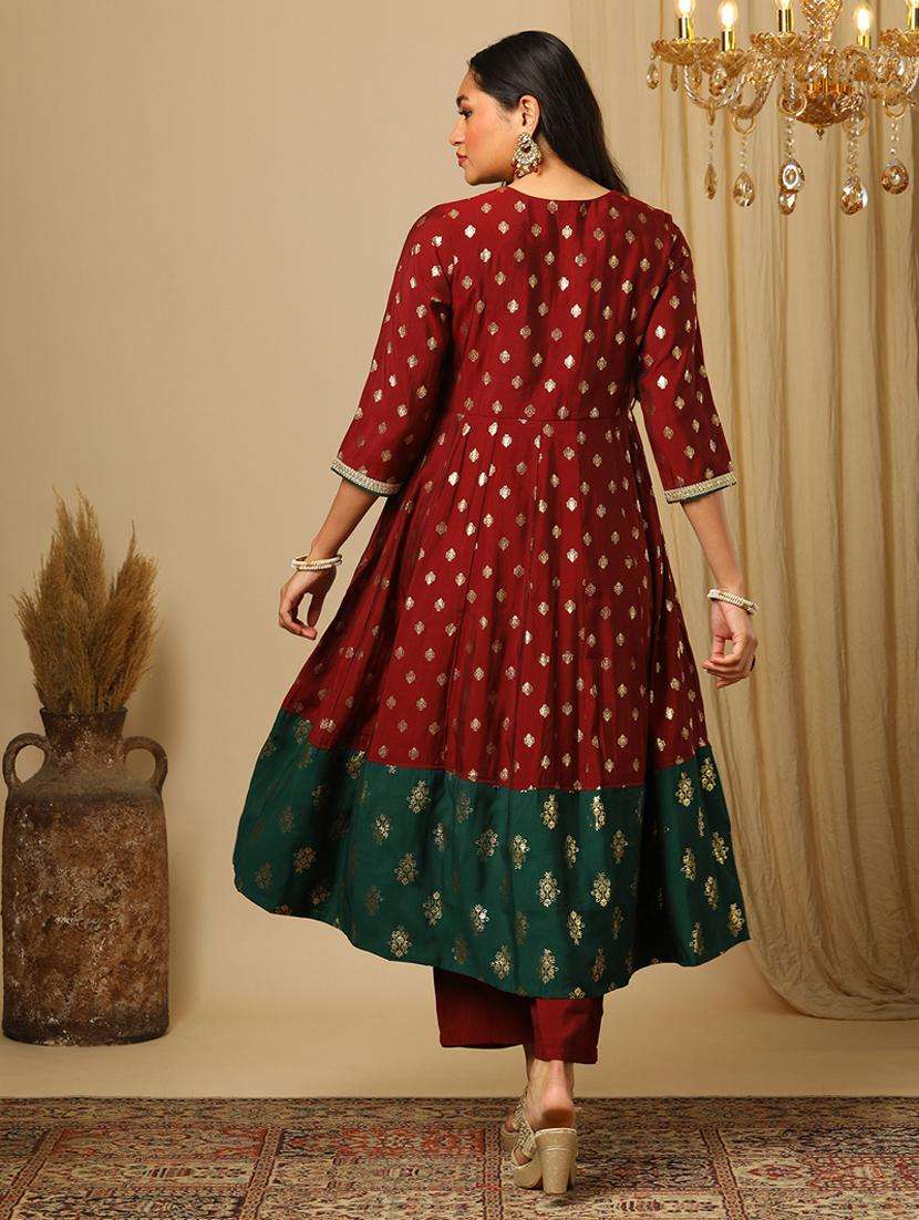 women's maroon sequin embroidered yoke gold foil print panelled anarkali kurta & elasticated pants festive set - 21504047 -  Standard Image - 3