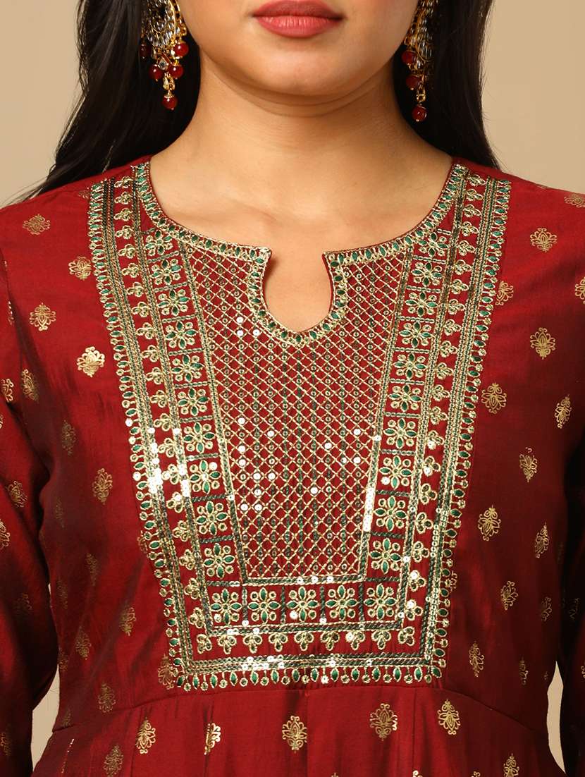 women's maroon sequin embroidered yoke gold foil print panelled anarkali kurta & elasticated pants festive set - 21504047 - Standard Image - 5