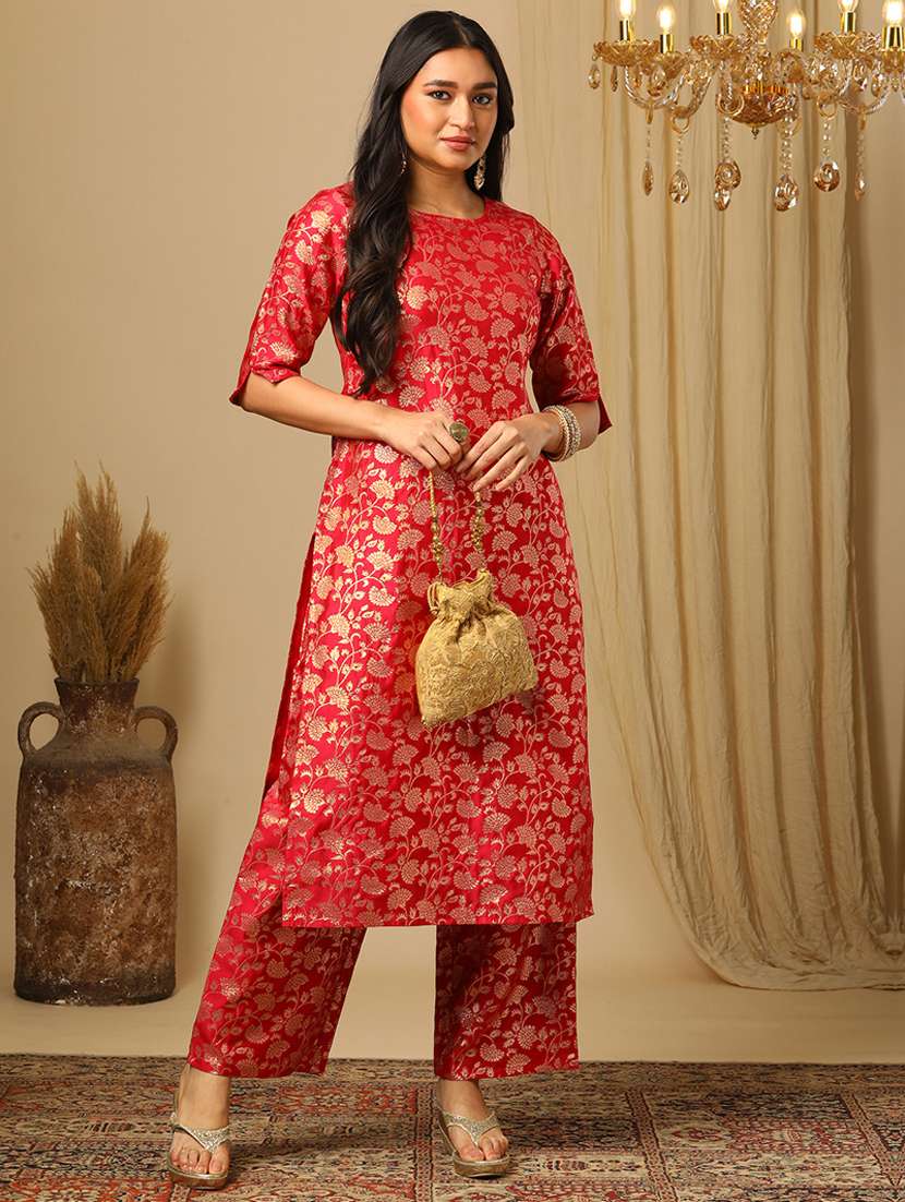 women's pink round neck elbow sleeves brocade floral jaal print straight kurta & elasticated pants festive set - 21504052 - Zoom Image - 0