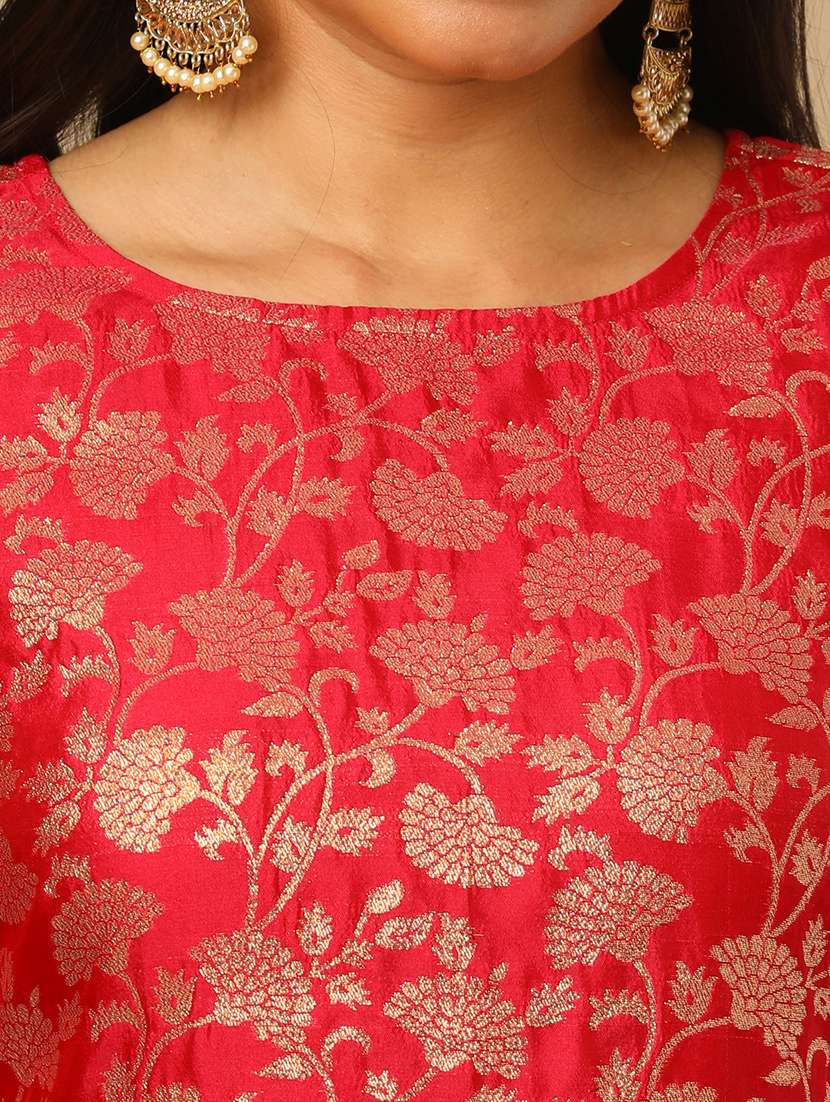 women's pink round neck elbow sleeves brocade floral jaal print straight kurta & elasticated pants festive set - 21504052 - Standard Image - 5
