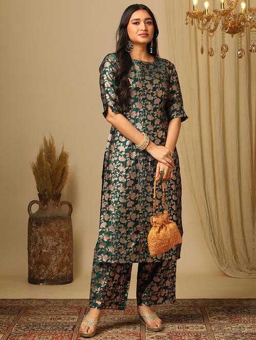 women's green round neck elbow sleeves brocade floral jaal print straight kurta & elasticated pants festive set - 21504053 - Standard Image - 0