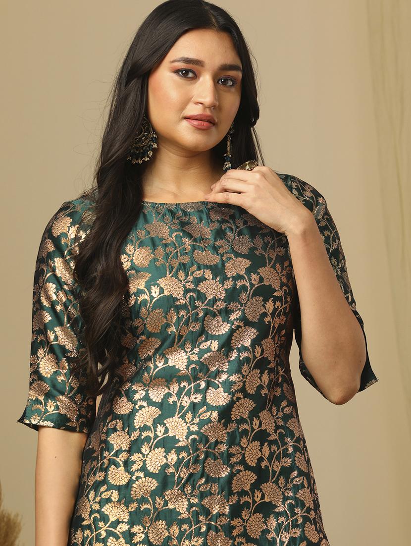 women's green round neck elbow sleeves brocade floral jaal print straight kurta & elasticated pants festive set - 21504053 - Standard Image - 3