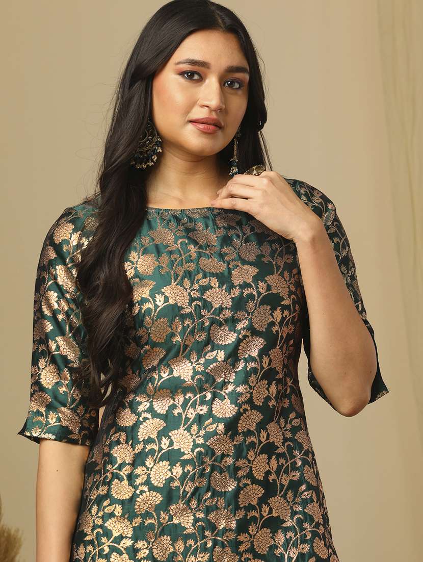 Women's Green Round Neck Elbow Sleeves Brocade Floral Jaal Print Straight Kurta & Elasticated Pants Festive Set