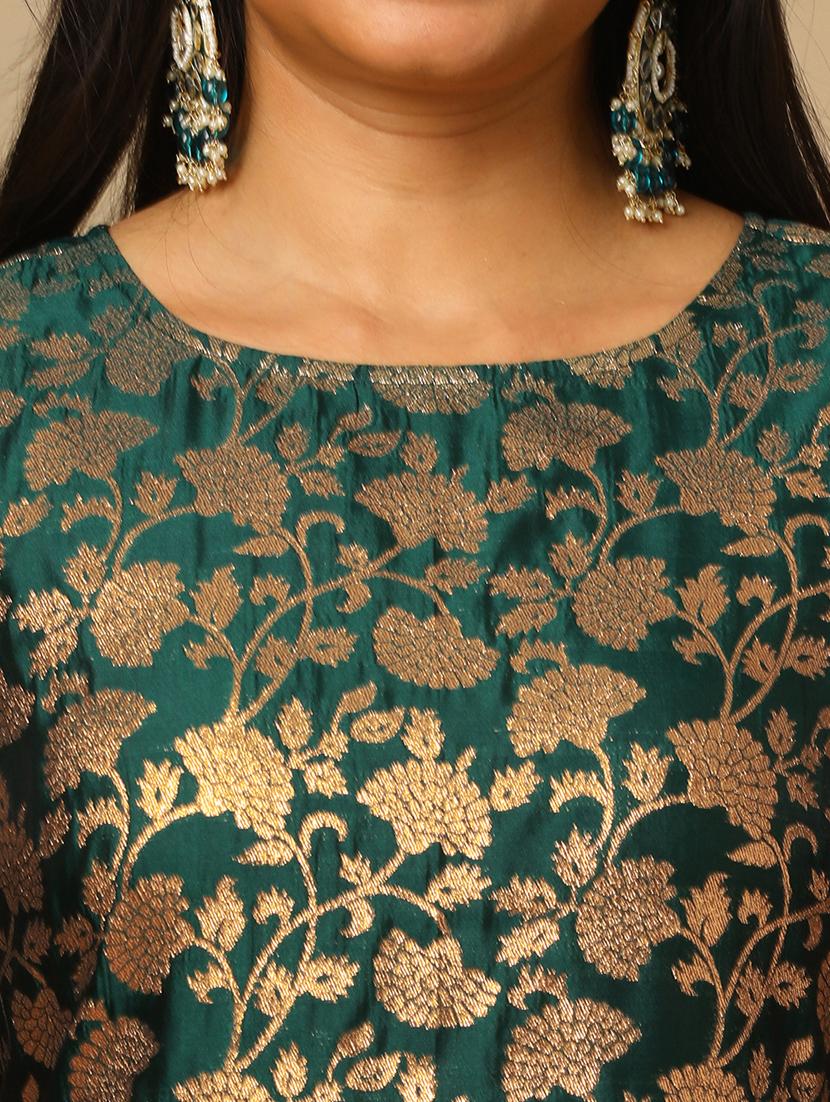women's green round neck elbow sleeves brocade floral jaal print straight kurta & elasticated pants festive set - 21504053 - Standard Image - 5