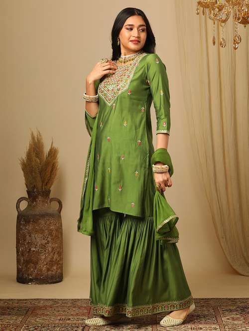 women's green floral embroidered yoke straight kurta gharara & gold lace detail dupatta festive set - 21504054 -  Standard Image - 0