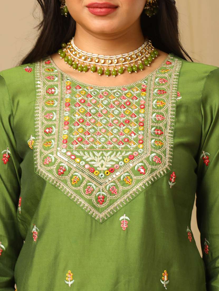 women's green floral embroidered yoke straight kurta gharara & gold lace detail dupatta festive set - 21504054 -  Standard Image - 5