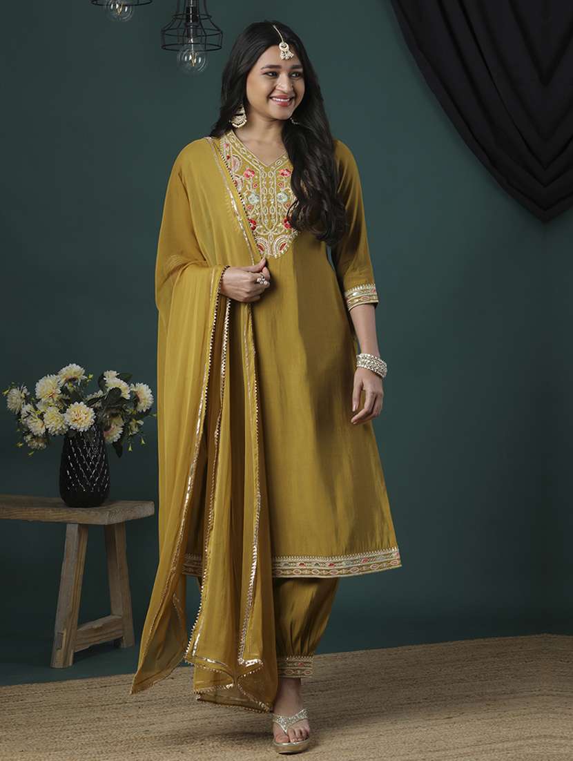 women's mustard sequinned & floral embroidered v-neck straight kurta afghani pants & dupatta festive set