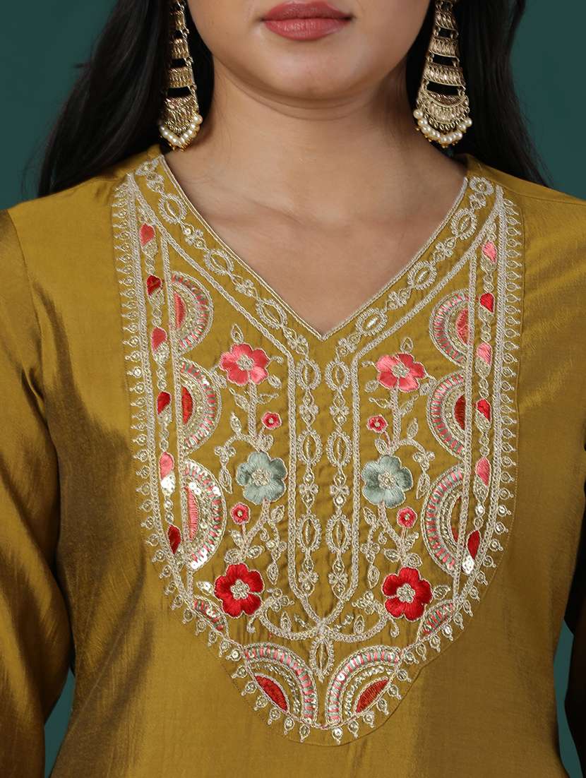 women's mustard sequinned & floral embroidered v-neck straight kurta afghani pants & dupatta festive set - 21504056 -  Standard Image - 5