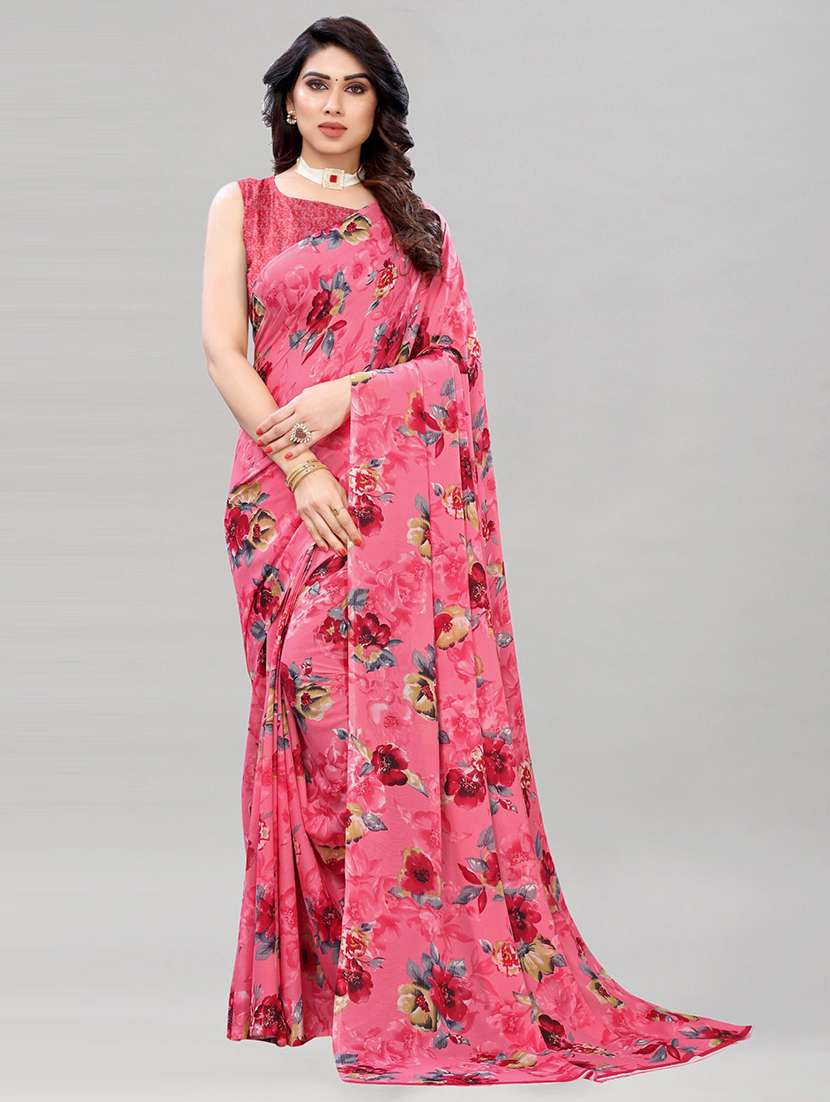 women pink printed saree with blouse