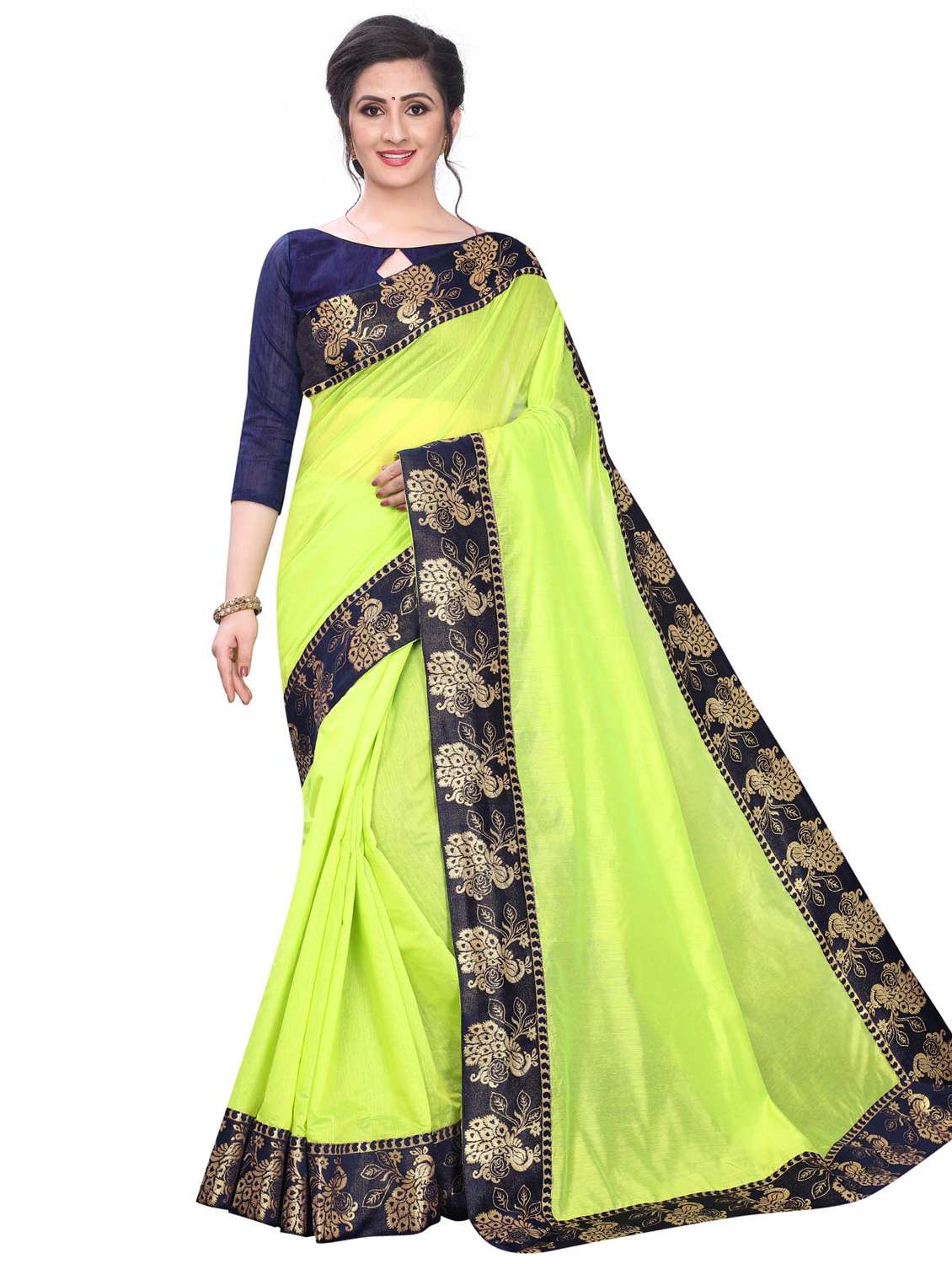 women green solid bordered saree with blouse - 21504621 -  Zoom Image - 0