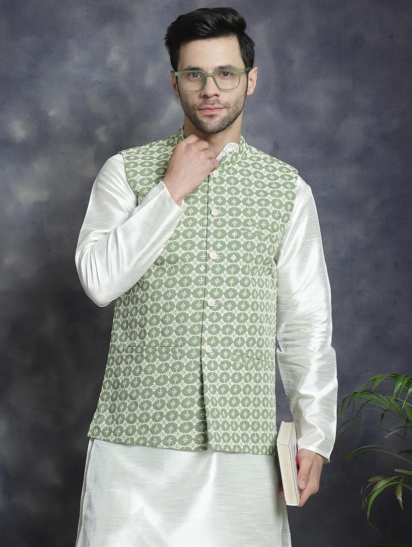 men embroidered kurta churidar with jacket ethnic wear set - 21505291 - Zoom Image - 0
