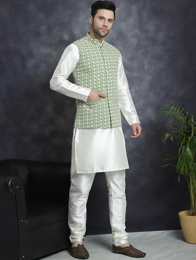 men embroidered kurta churidar with jacket ethnic wear set - 21505291 - Standard Image - 3