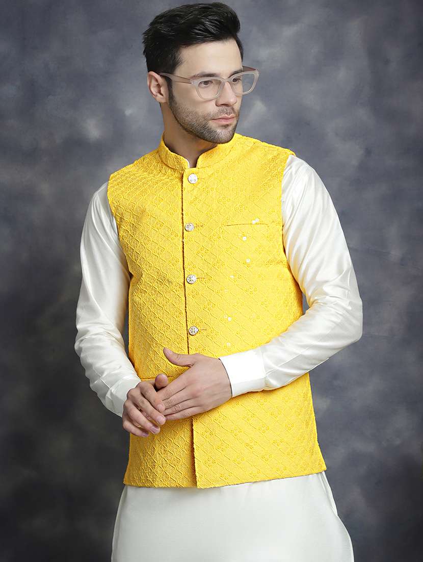 men embroidered kurta churidar with jacket ethnic wear set
