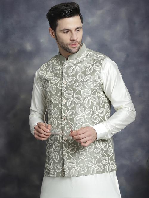 men embroidered kurta churidar with jacket ethnic wear set - 21505297 - Standard Image - 0