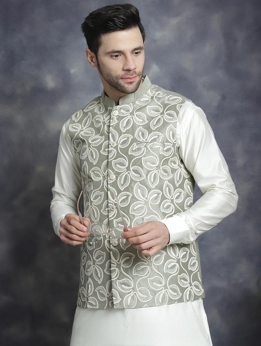men embroidered kurta churidar with jacket ethnic wear set - 21505297 - Zoom Image - 0