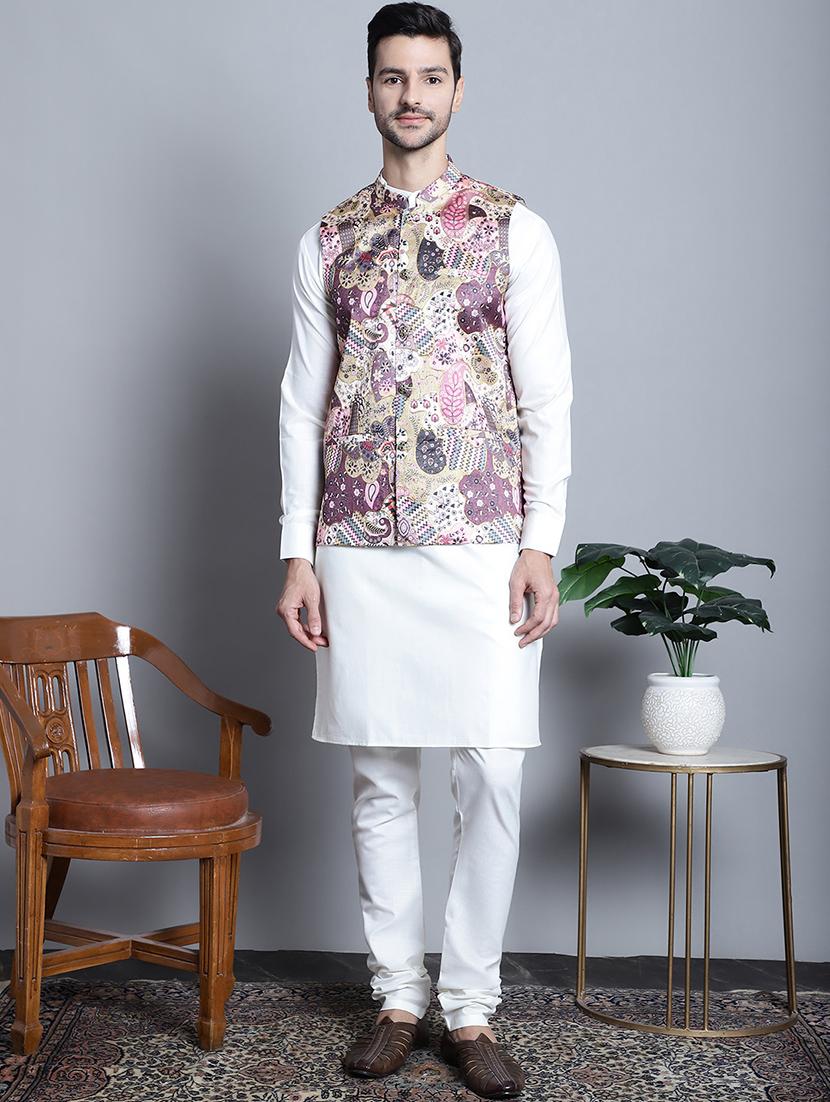men printed kurta churidar with jacket ethnic wear set - 21505299 - Standard Image - 3