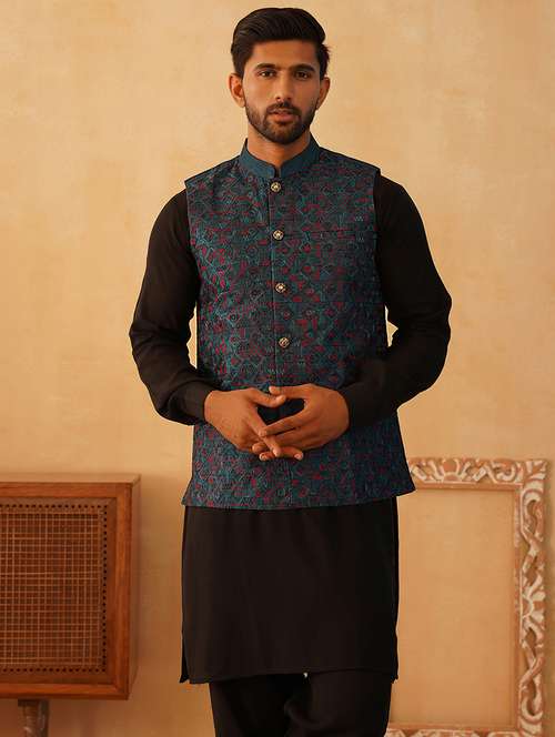 men embroidered kurta pyjama with jacket ethnic wear set - 21505307 -  Standard Image - 0