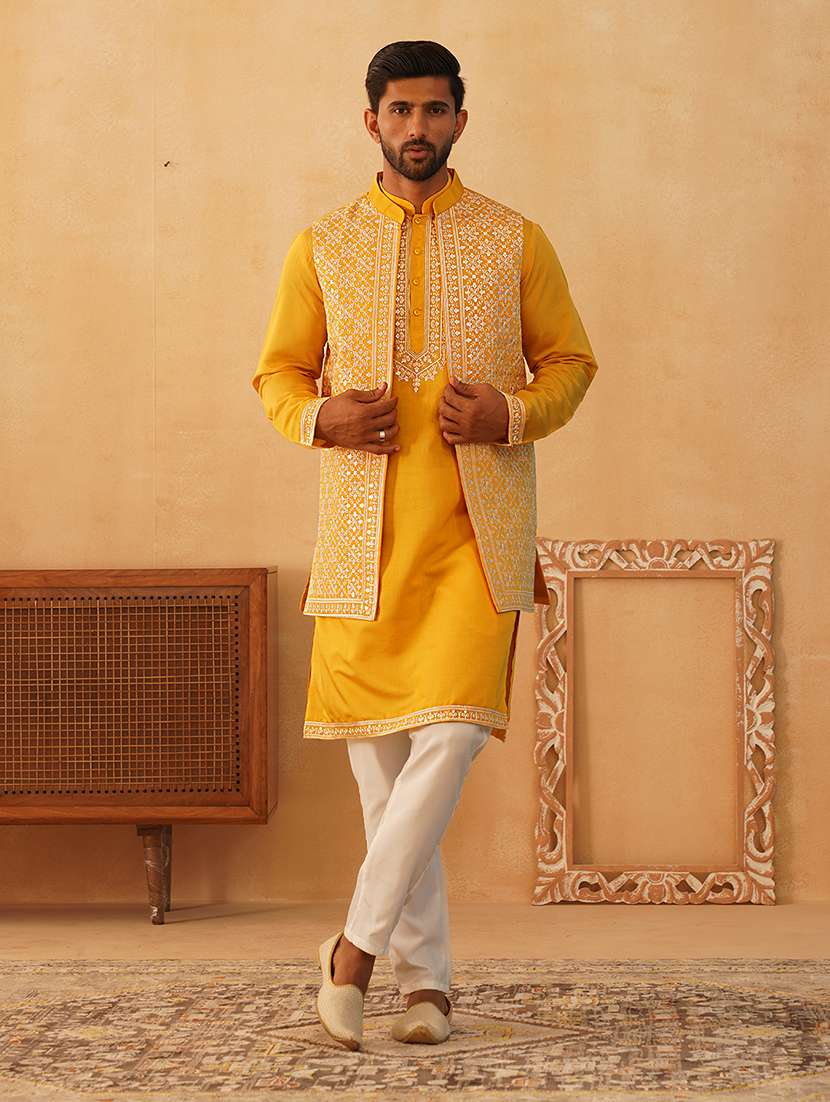 men embroidered kurta pyjama with jacket ethnic wear set