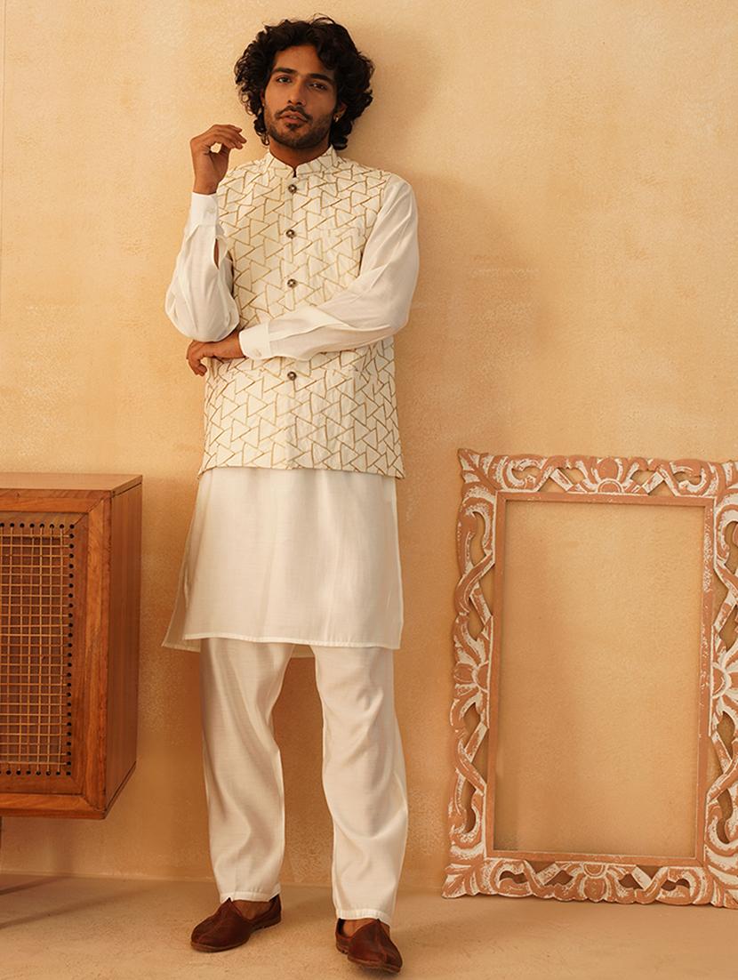 men gota work kurta pyjama with jacket ethnic wear set
