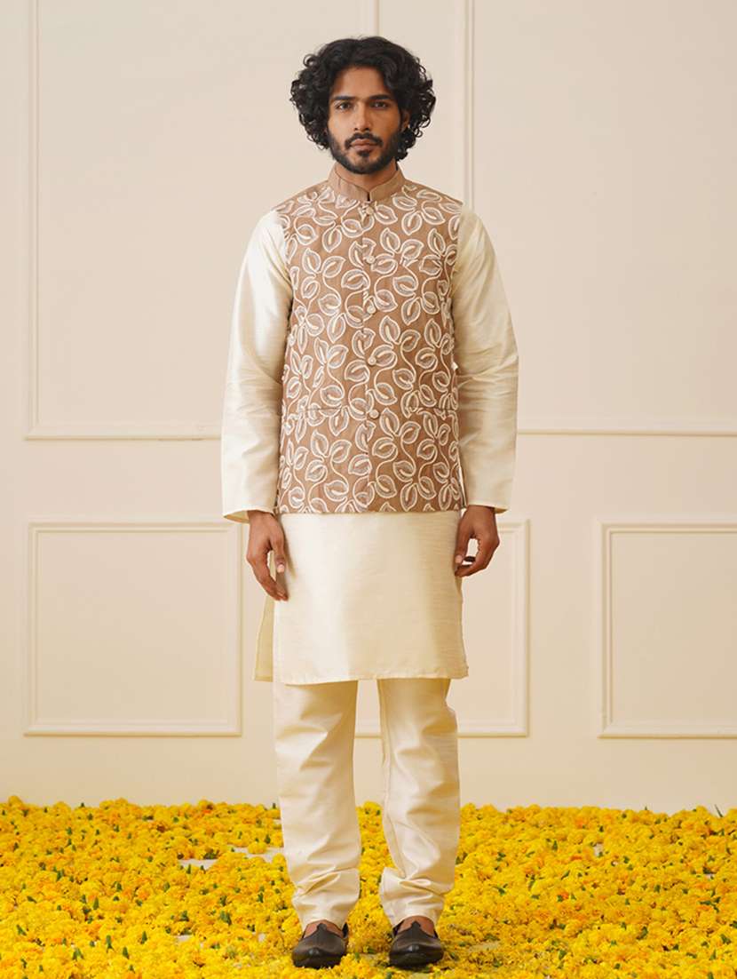 men embroidered kurta pyjama with jacket ethnic wear set